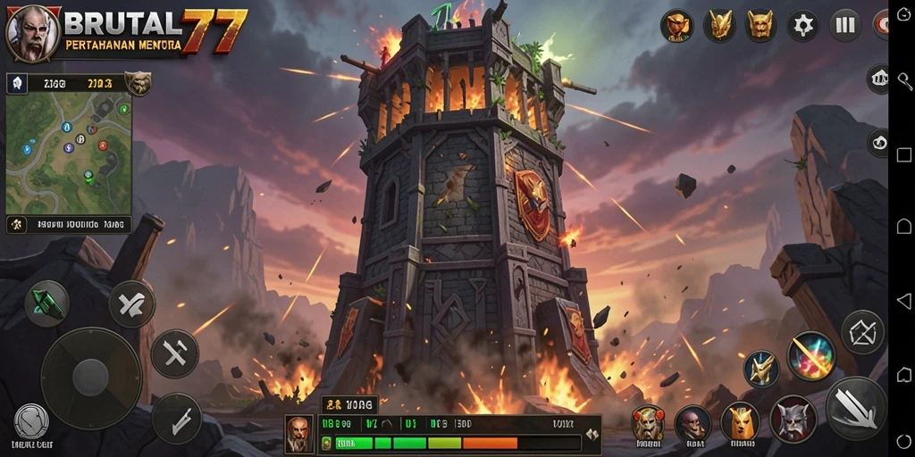 Tampilan gameplay BRUTAL77 dengan strategi menara yang dinamis.